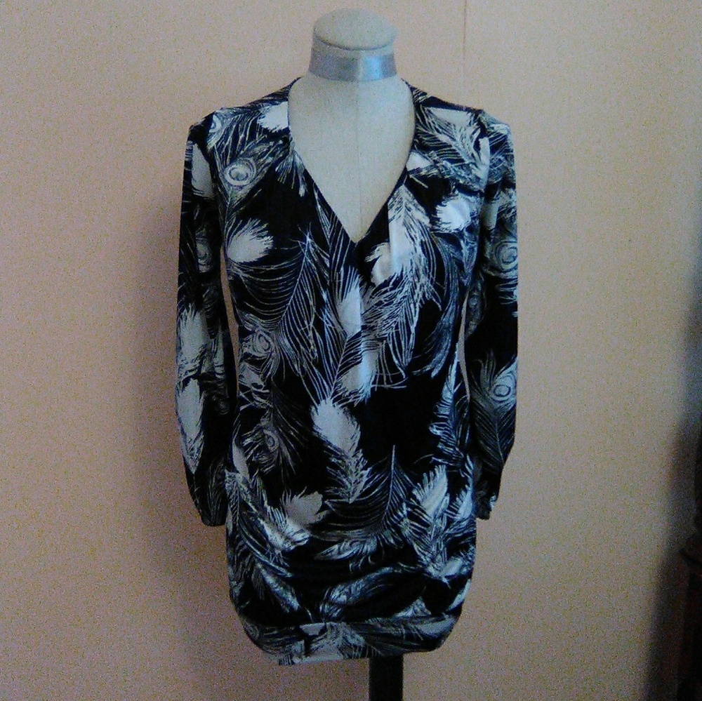 Black/White Peacock Feather Polyester Mini Dress